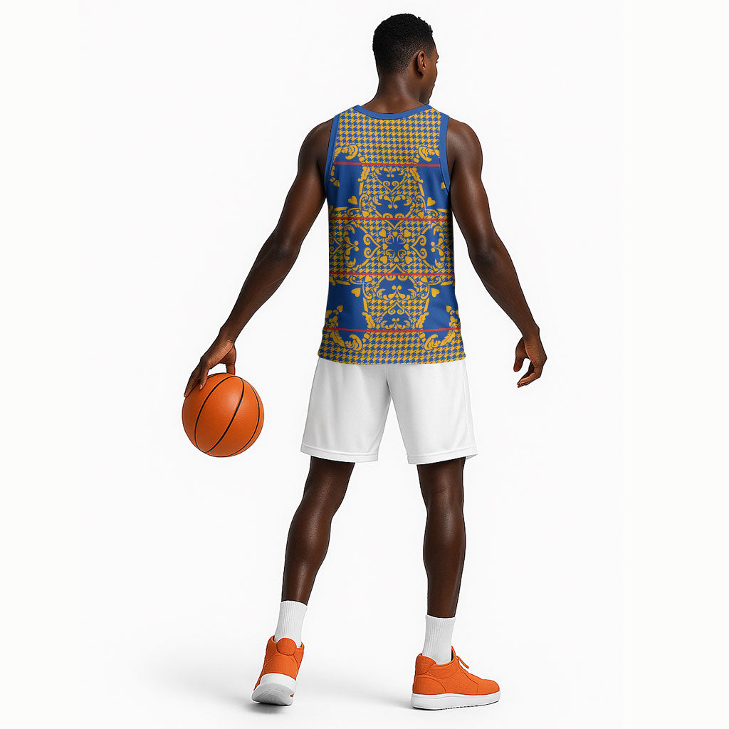 Cobalt Blue Hearts Crown Traditional Geometry Basketball Jersey Seanamarena Basotho Blanket Inspired