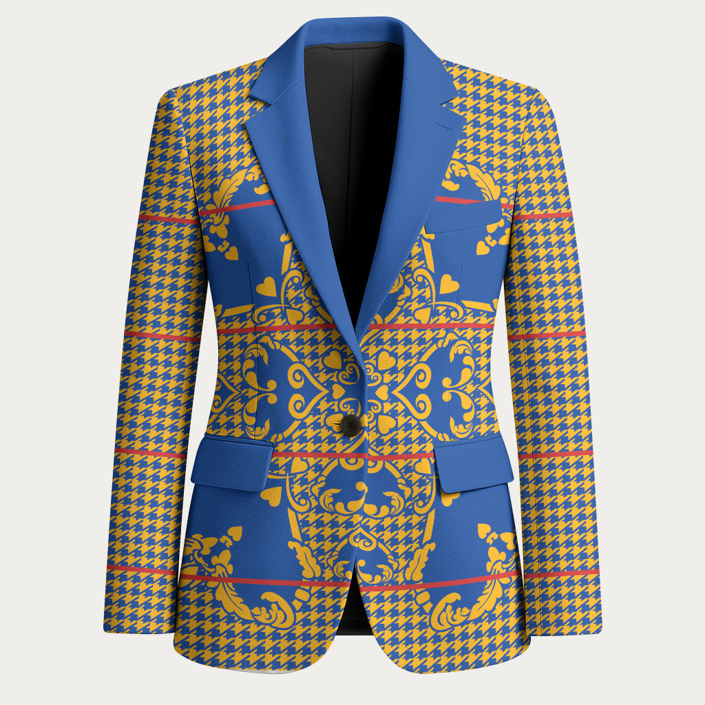 Cobalt Blue Hearts Crown Traditional Geometry Blazer Seanamarena Basotho Blanket Inspired