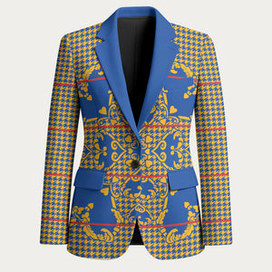 Cobalt Blue Hearts Crown Traditional Geometry Blazer Seanamarena Basotho Blanket Inspired