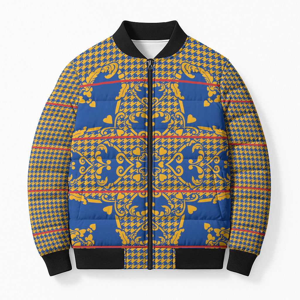 Cobalt Blue Hearts Crown Traditional Geometry Bomber Puffer Jacket Seanamarena Basotho Blanket Inspired