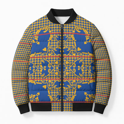 Cobalt Blue Hearts Crown Traditional Geometry Bomber Puffer Jacket Seanamarena Basotho Blanket Inspired