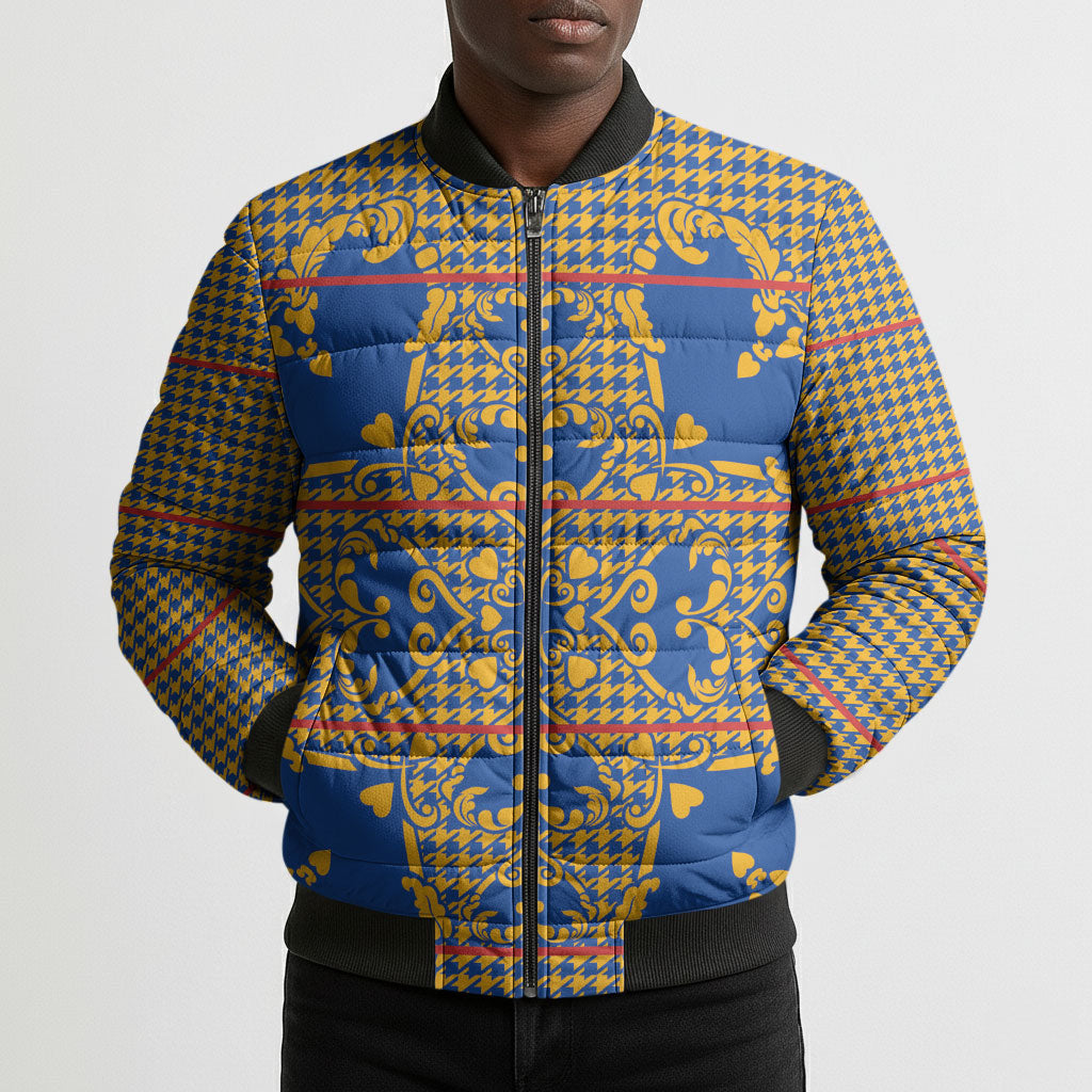 Cobalt Blue Hearts Crown Traditional Geometry Bomber Puffer Jacket Seanamarena Basotho Blanket Inspired