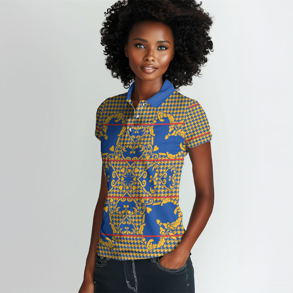 Cobalt Blue Hearts Crown Traditional Geometry Women Polo Shirt Seanamarena Basotho Blanket Inspired