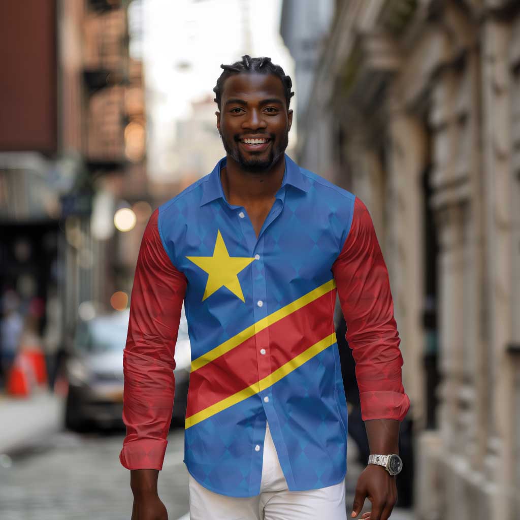 Africa DR of the Congo Personalized Long Sleeve Button Shirt Flag Style - African Pride