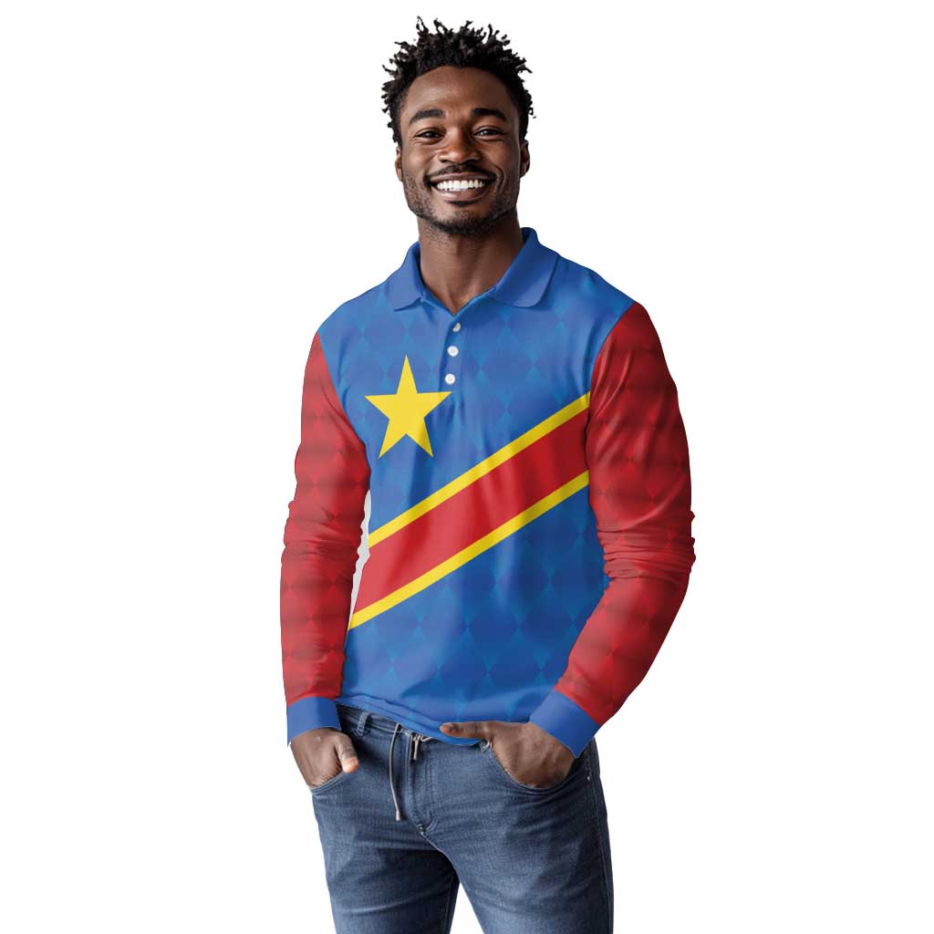 Africa DR of the Congo Personalized Long Sleeve Polo Shirt Flag Style - African Pride