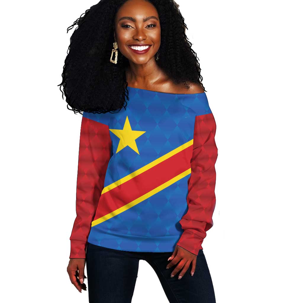 Africa DR of the Congo Personalized Off Shoulder Sweater Flag Style - African Pride