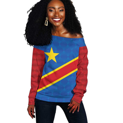Africa DR of the Congo Personalized Off Shoulder Sweater Flag Style - African Pride