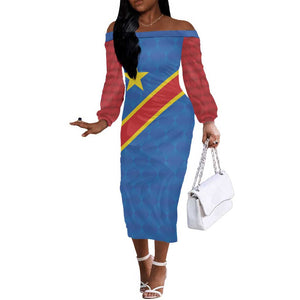 Africa DR of the Congo Personalized Off The Shoulder Long Sleeve Dress Flag Style - African Pride