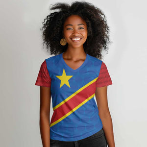 Africa DR of the Congo Personalized Women V-Neck T-Shirt Flag Style - African Pride