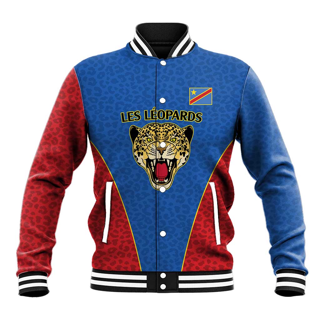 Africa DR Congo Football Custom Baseball Jacket Blue Leopard Skin Pattern - African Pride