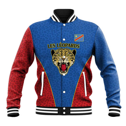 Africa DR Congo Football Custom Baseball Jacket Blue Leopard Skin Pattern - African Pride