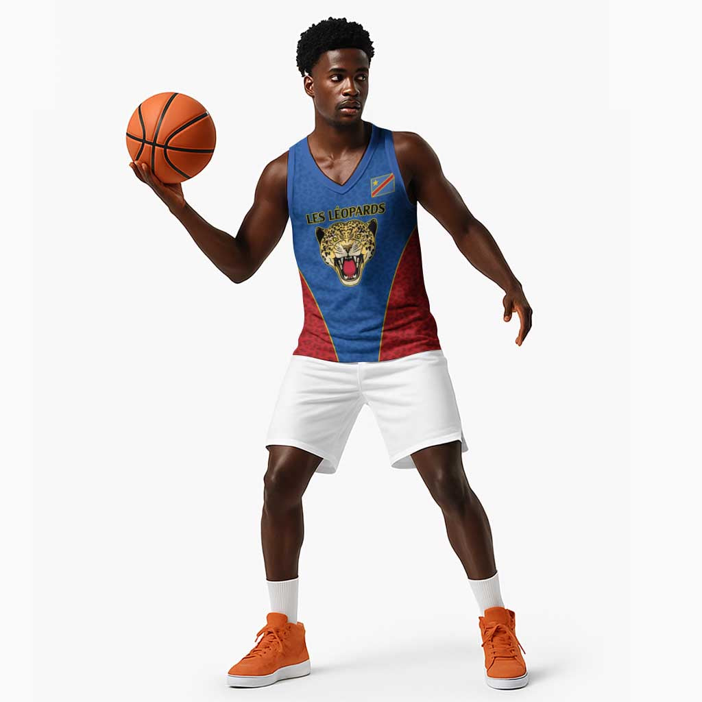 Africa DR Congo Football Custom Basketball Jersey Blue Leopard Skin Pattern - African Pride