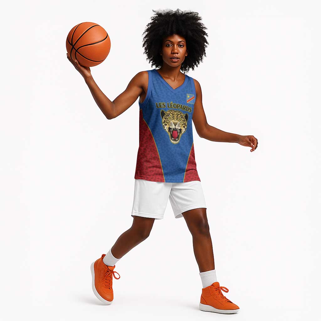Africa DR Congo Football Custom Basketball Jersey Blue Leopard Skin Pattern - African Pride