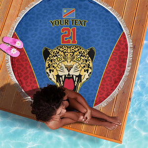 Africa DR Congo Football Custom Beach Blanket Blue Leopard Skin Pattern - African Pride