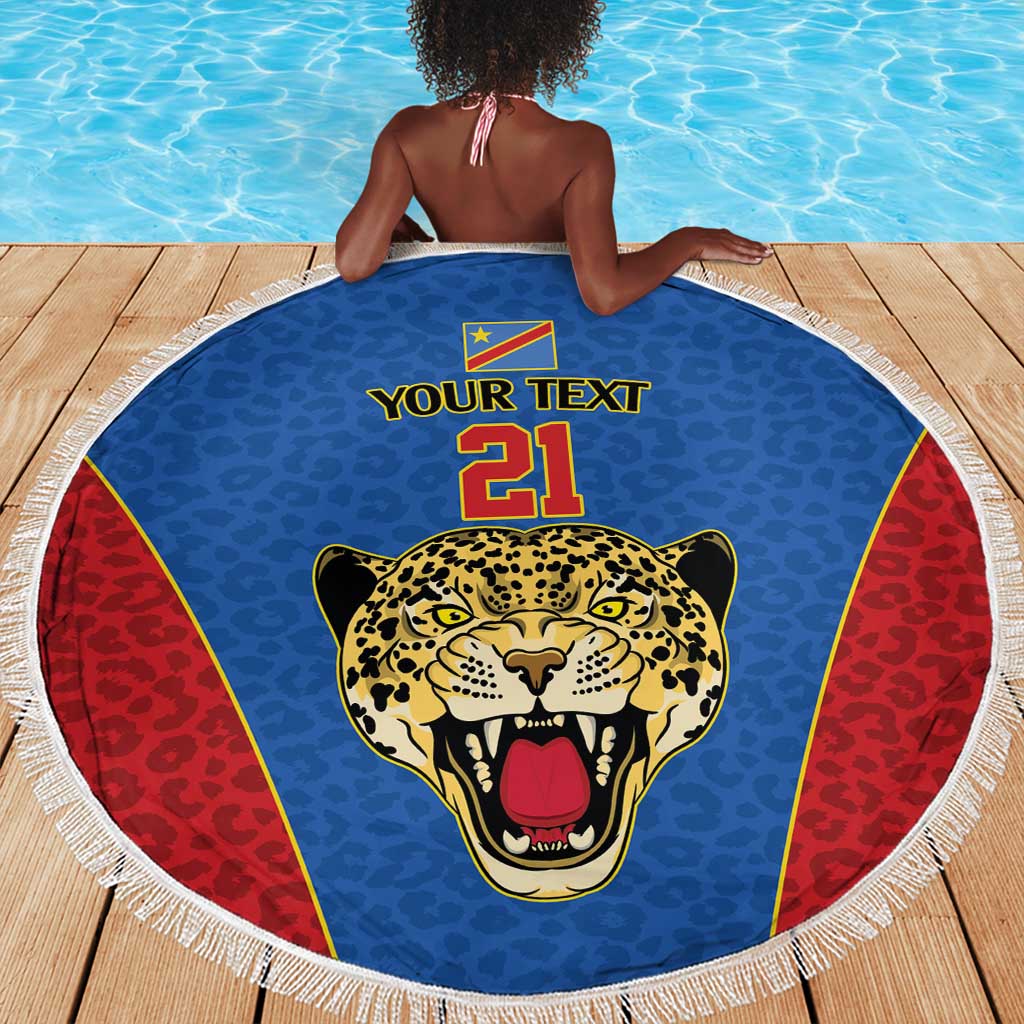 Africa DR Congo Football Custom Beach Blanket Blue Leopard Skin Pattern - African Pride