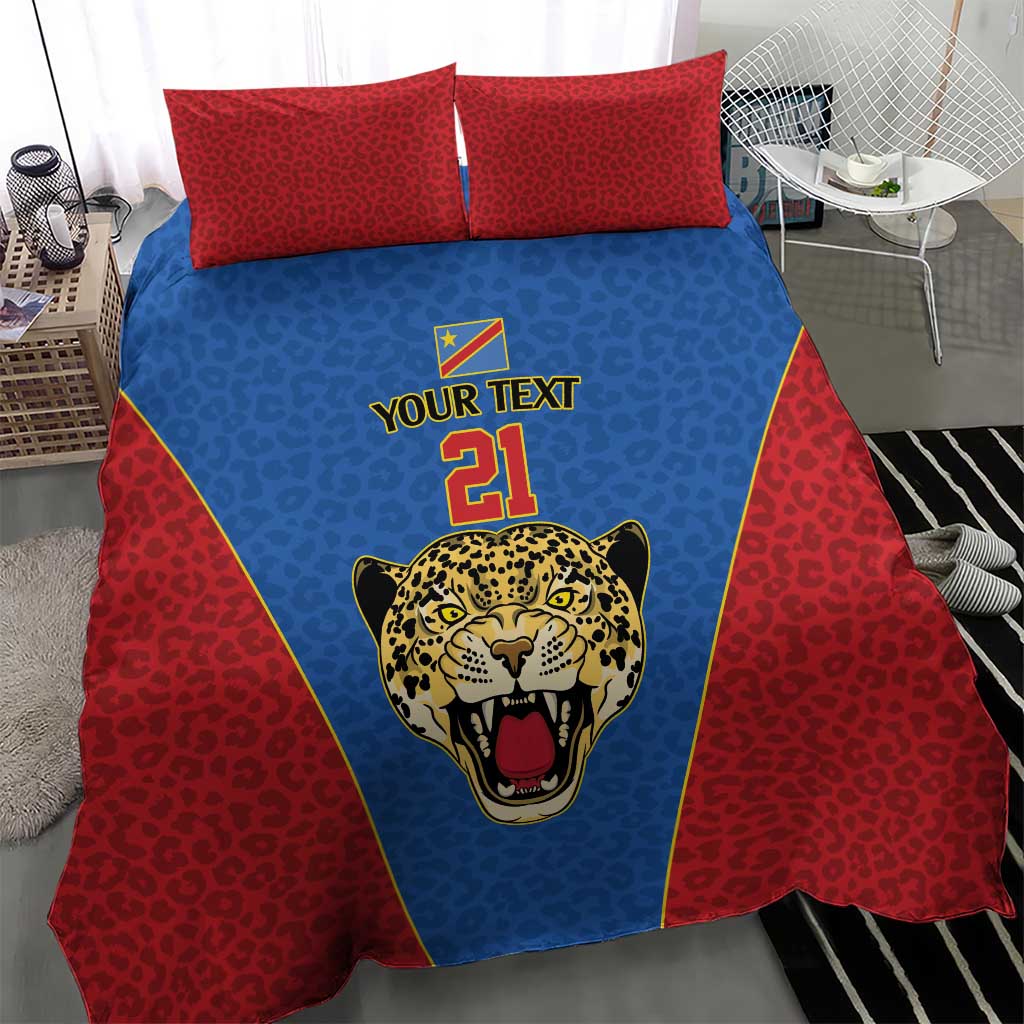 Africa DR Congo Football Custom Bedding Set Blue Leopard Skin Pattern - African Pride