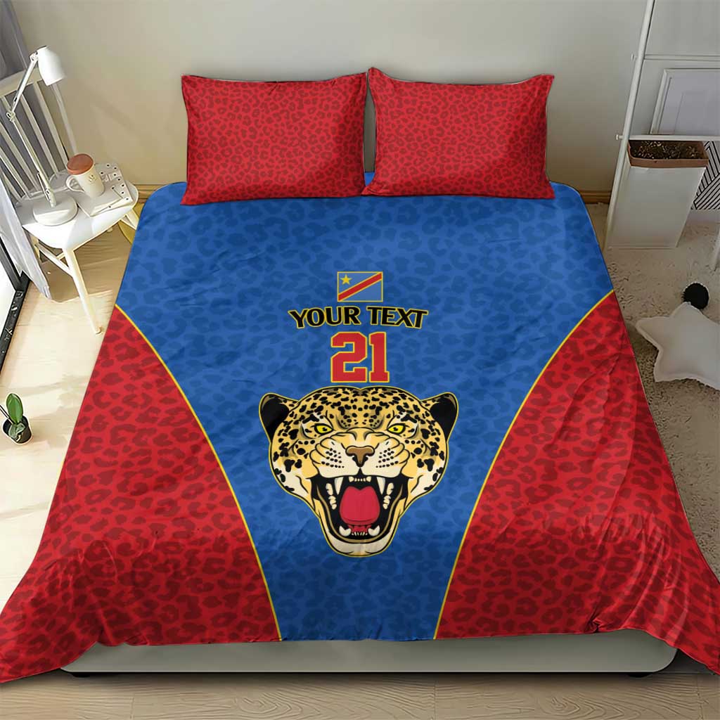 Africa DR Congo Football Custom Bedding Set Blue Leopard Skin Pattern - African Pride