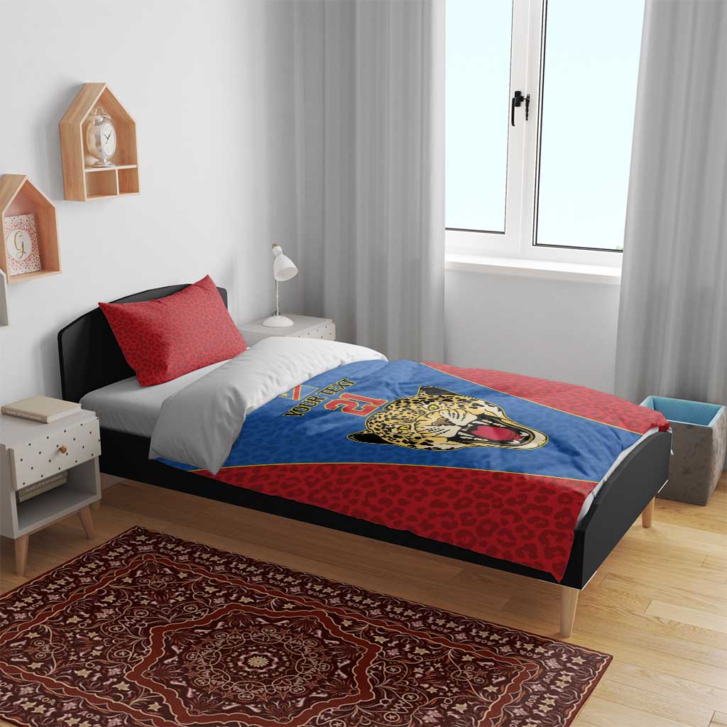 Africa DR Congo Football Custom Bedding Set Blue Leopard Skin Pattern - African Pride