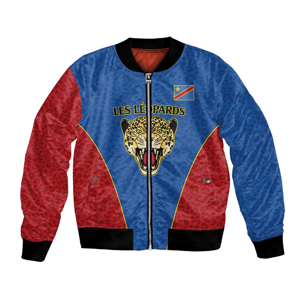 Africa DR Congo Football Custom Bomber Jacket Blue Leopard Skin Pattern - African Pride