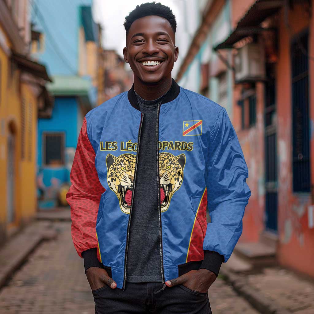 Africa DR Congo Football Custom Bomber Jacket Blue Leopard Skin Pattern - African Pride