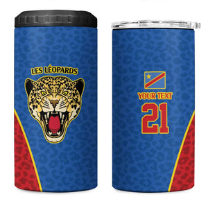 Africa DR Congo Football Custom 4 in 1 Can Cooler Tumbler Blue Leopard Skin Pattern - African Pride