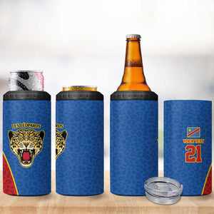 Africa DR Congo Football Custom 4 in 1 Can Cooler Tumbler Blue Leopard Skin Pattern - African Pride