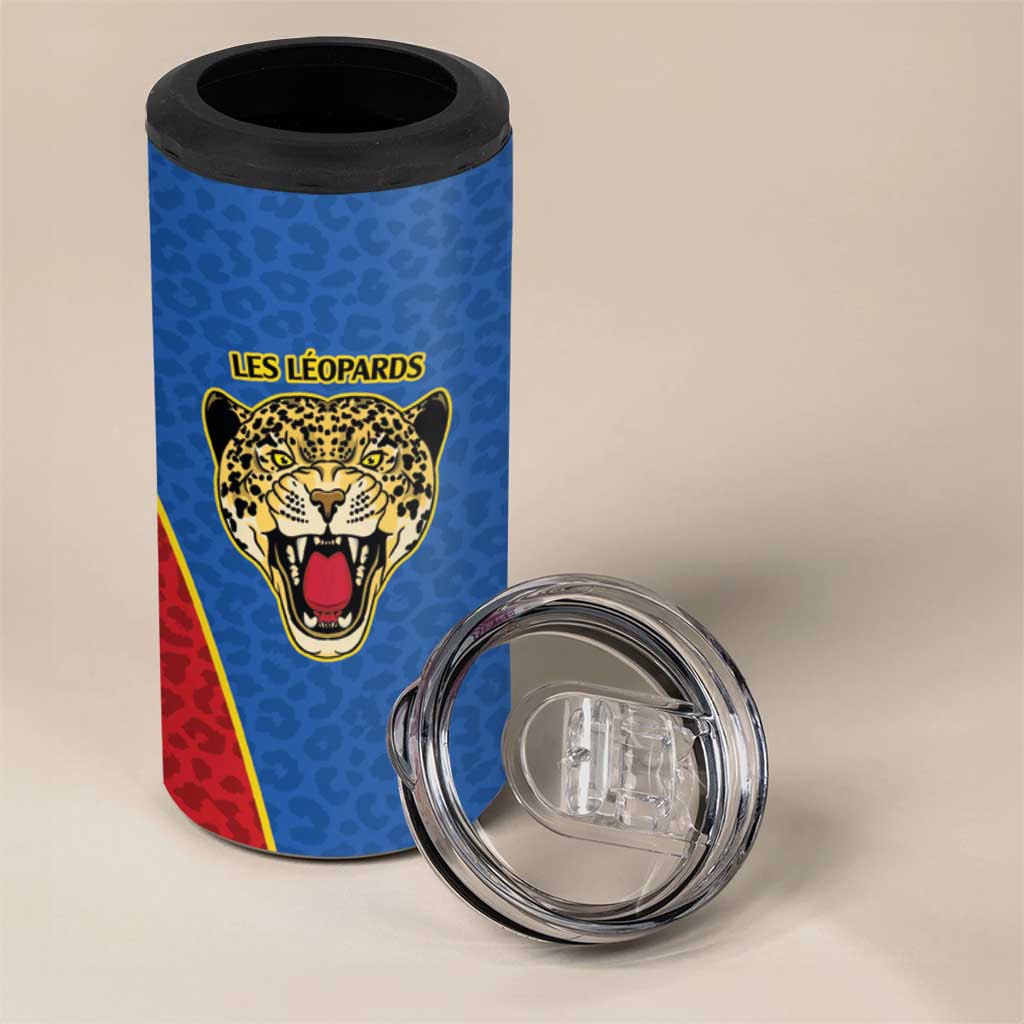 Africa DR Congo Football Custom 4 in 1 Can Cooler Tumbler Blue Leopard Skin Pattern - African Pride