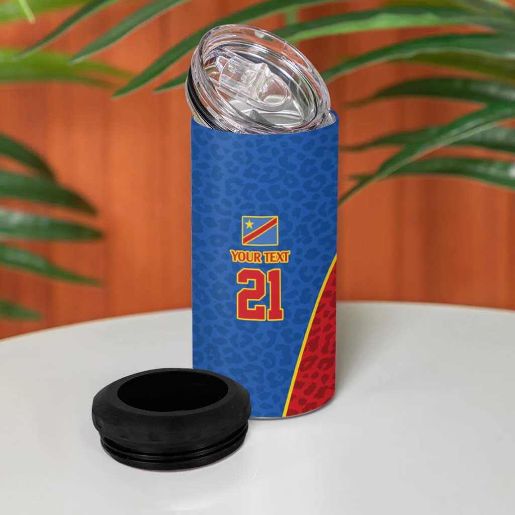 Africa DR Congo Football Custom 4 in 1 Can Cooler Tumbler Blue Leopard Skin Pattern - African Pride