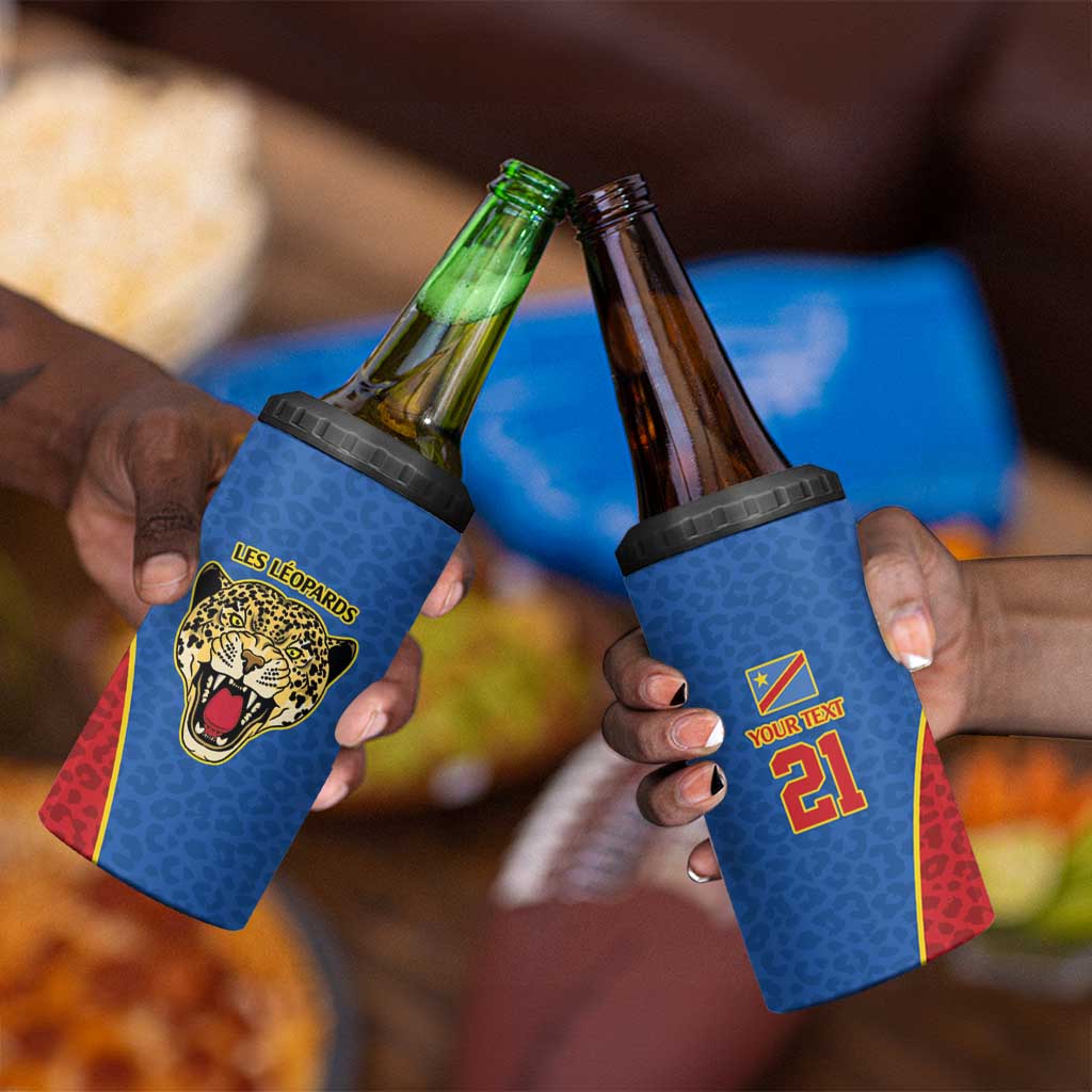 Africa DR Congo Football Custom 4 in 1 Can Cooler Tumbler Blue Leopard Skin Pattern - African Pride