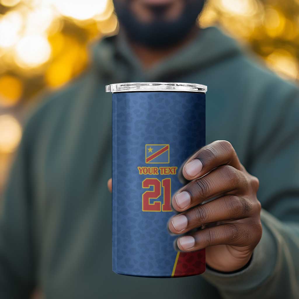 Africa DR Congo Football Custom 4 in 1 Can Cooler Tumbler Blue Leopard Skin Pattern - African Pride