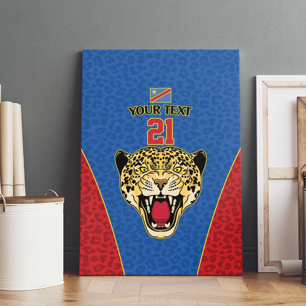 Africa DR Congo Football Custom Canvas Wall Art Blue Leopard Skin Pattern - African Pride