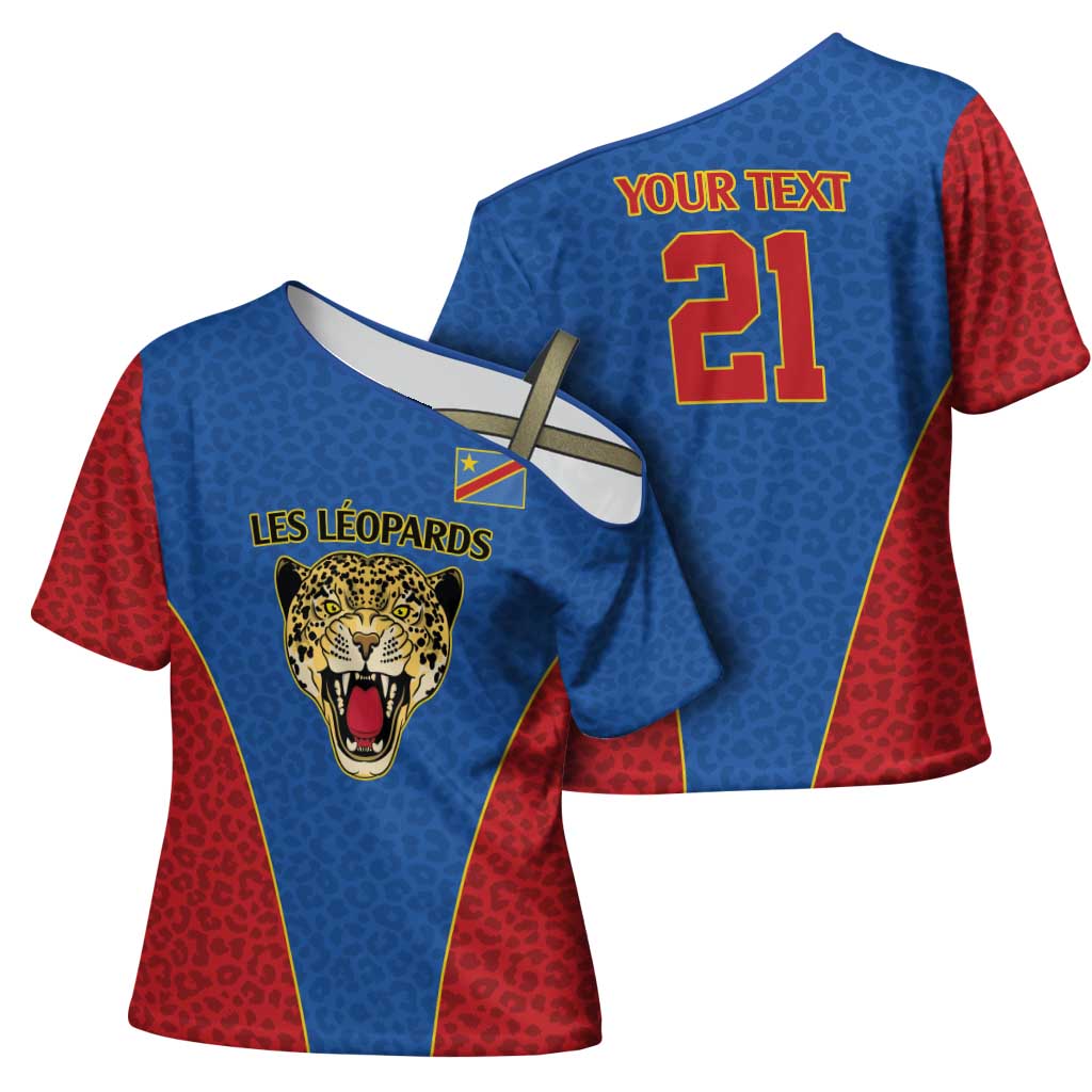 Africa DR Congo Football Custom Cross Shoulder Shirt Blue Leopard Skin Pattern