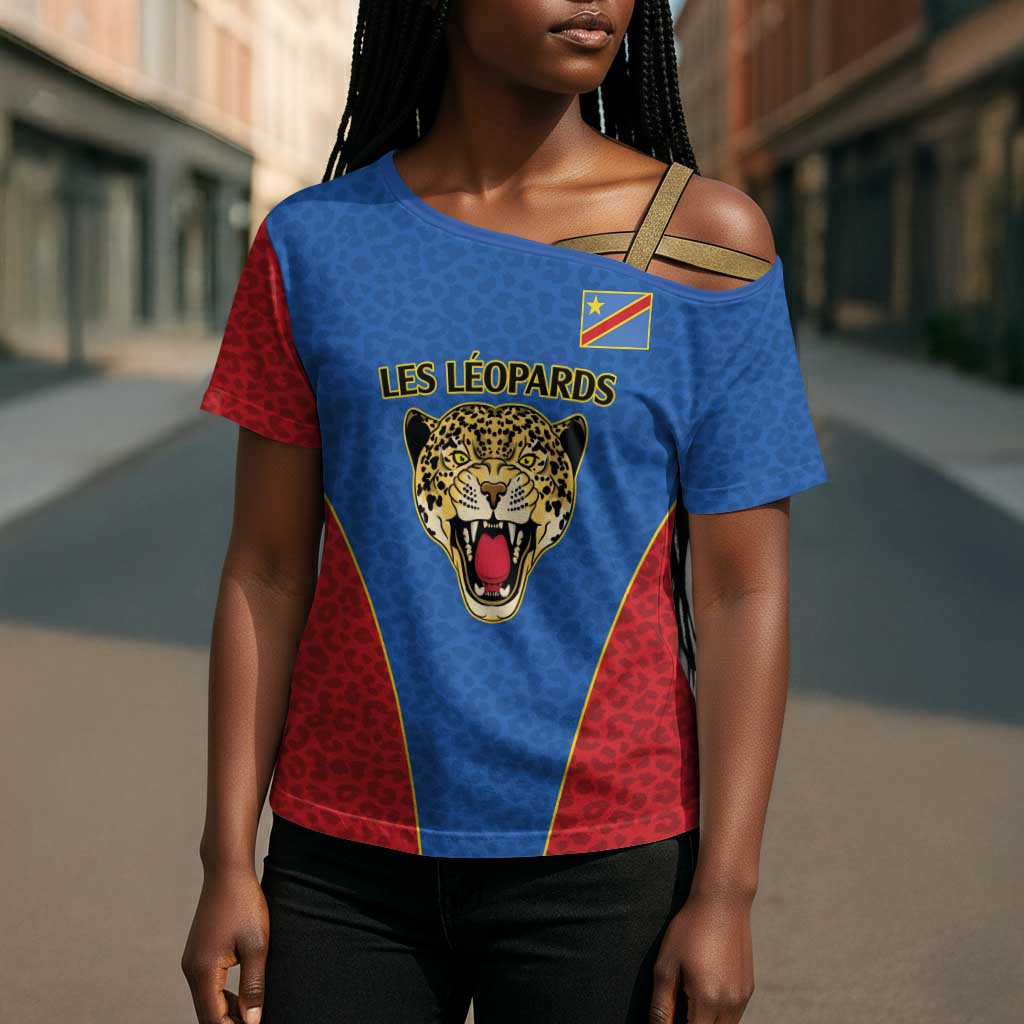 Africa DR Congo Football Custom Cross Shoulder Shirt Blue Leopard Skin Pattern