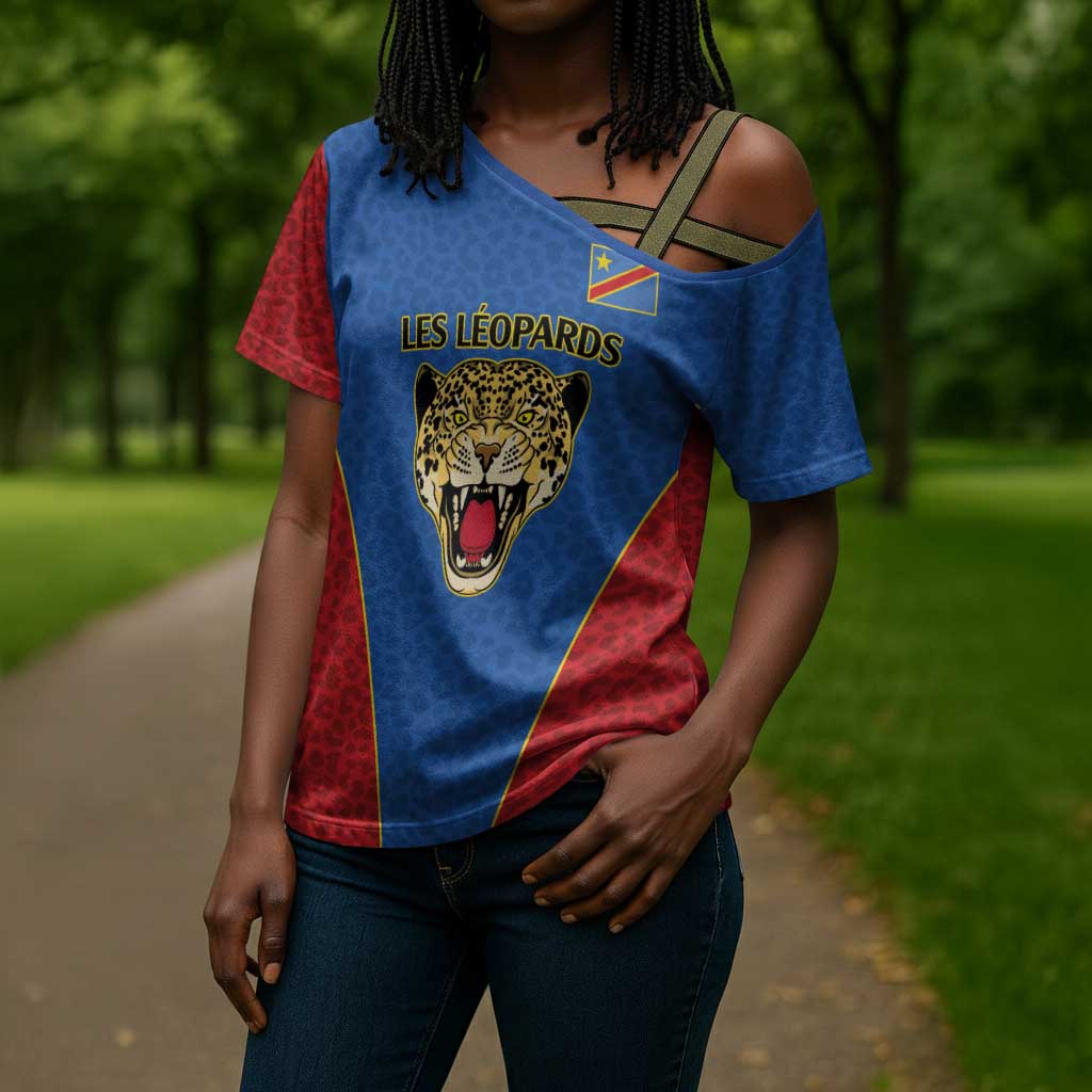 Africa DR Congo Football Custom Cross Shoulder Shirt Blue Leopard Skin Pattern