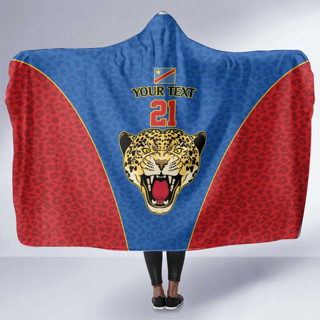 Africa DR Congo Football Custom Hooded Blanket Blue Leopard Skin Pattern - African Pride