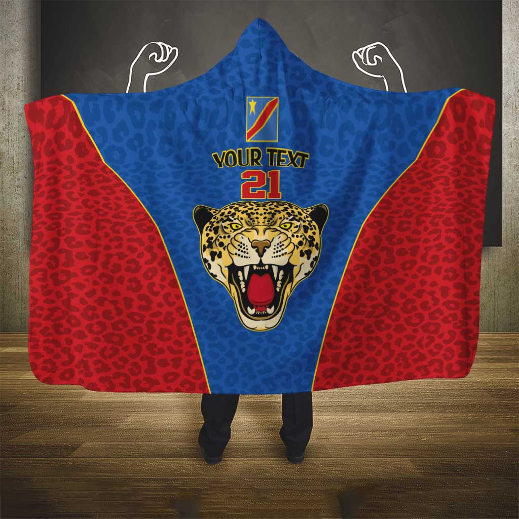 Africa DR Congo Football Custom Hooded Blanket Blue Leopard Skin Pattern - African Pride