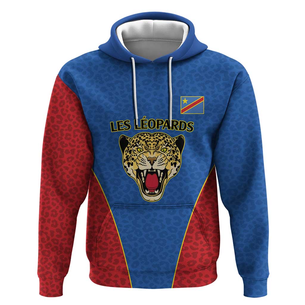 Africa DR Congo Football Custom Hoodie Blue Leopard Skin Pattern - African Pride