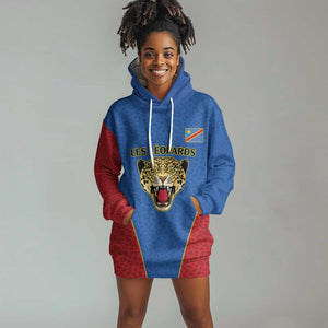 Africa DR Congo Football Custom Hoodie Dress Blue Leopard Skin Pattern - African Pride