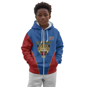 Africa DR Congo Football Custom Kid Hoodie Blue Leopard Skin Pattern - African Pride