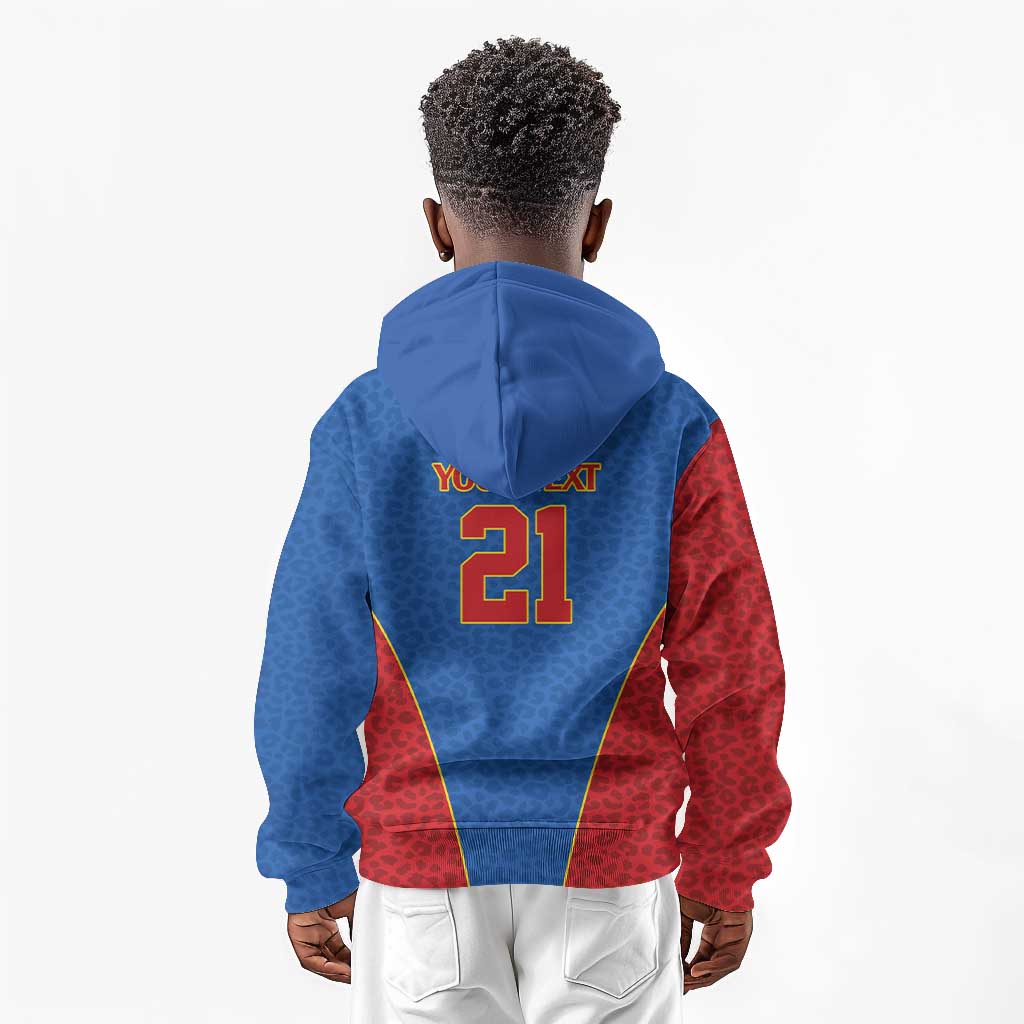 Africa DR Congo Football Custom Kid Hoodie Blue Leopard Skin Pattern - African Pride