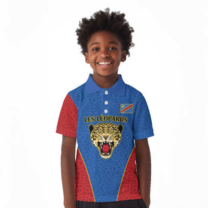 Africa DR Congo Football Custom Kid Polo Shirt Blue Leopard Skin Pattern - African Pride