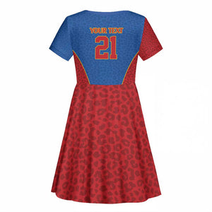 Africa DR Congo Football Custom Kid Short Sleeve Dress Blue Leopard Skin Pattern - African Pride