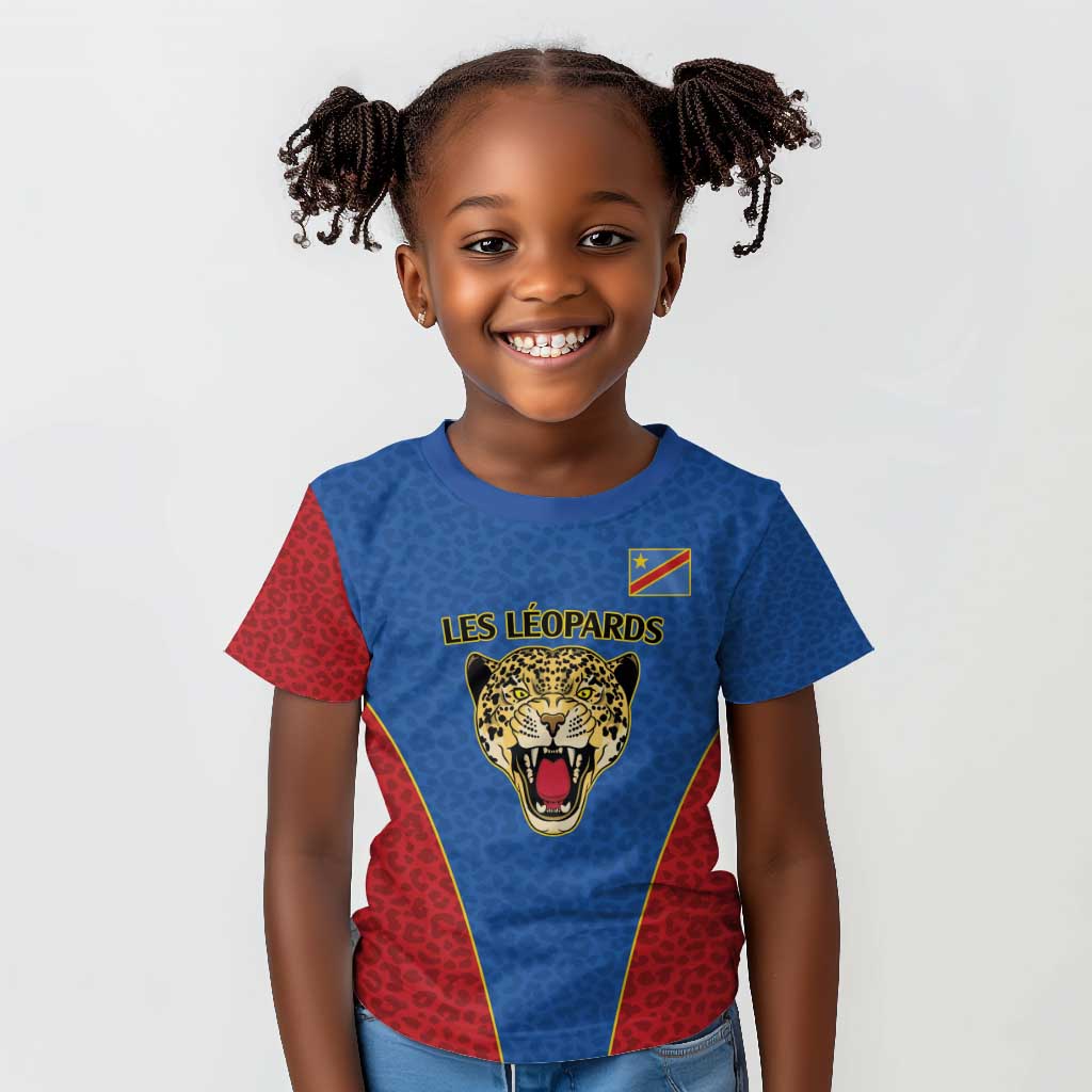 Africa DR Congo Football Custom Kid T shirt Blue Leopard Skin Pattern - African Pride