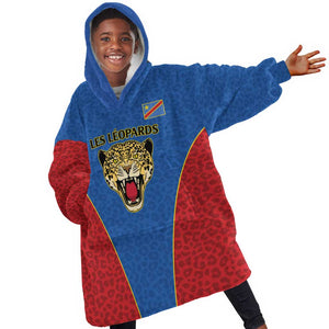 Africa DR Congo Football Custom Kid Wearable Blanket Hoodie Blue Leopard Skin Pattern - African Pride
