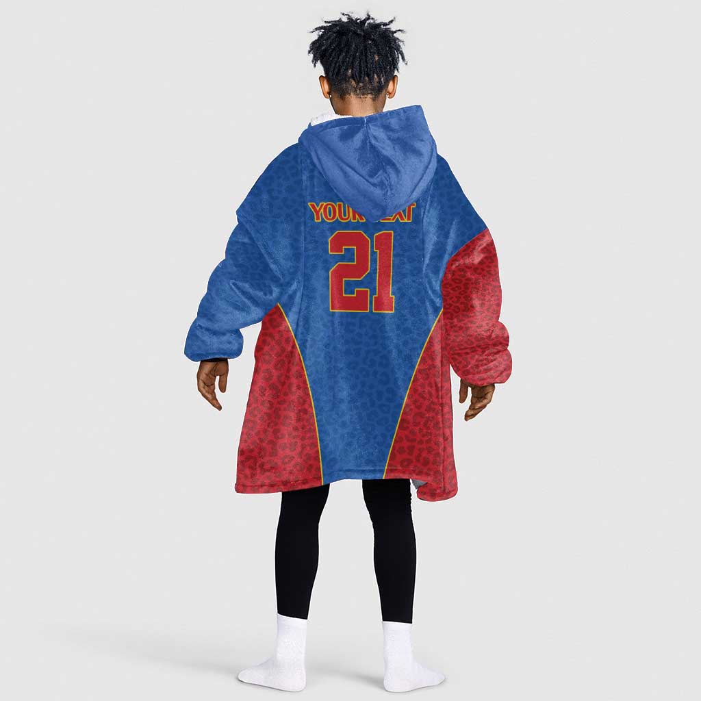 Africa DR Congo Football Custom Kid Wearable Blanket Hoodie Blue Leopard Skin Pattern - African Pride