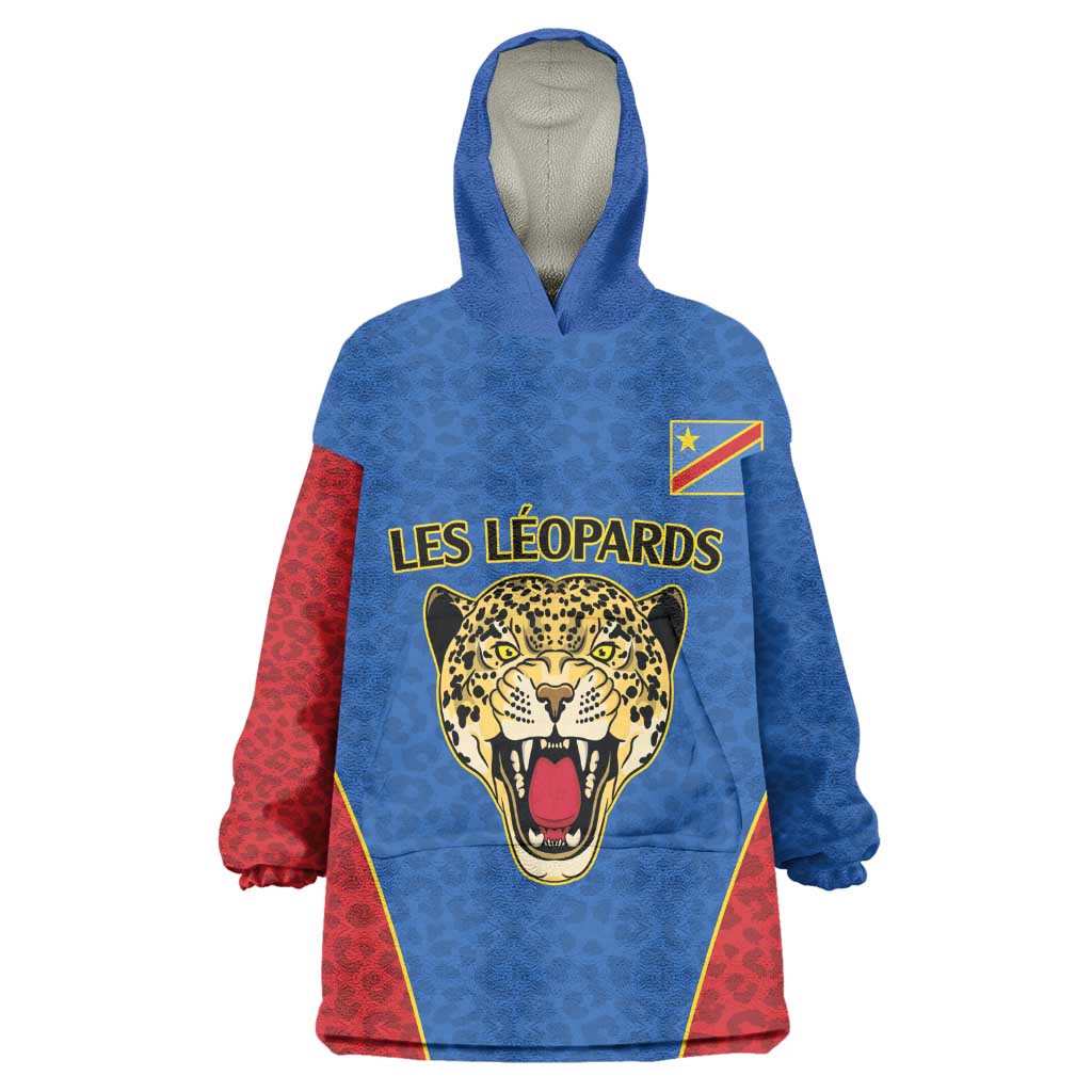 Africa DR Congo Football Custom Kid Wearable Blanket Hoodie Blue Leopard Skin Pattern - African Pride