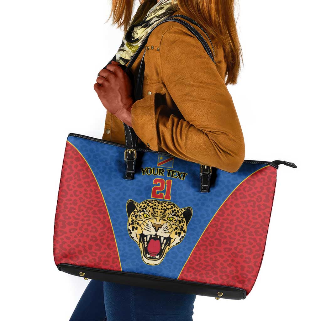 Africa DR Congo Football Custom Leather Tote Bag Blue Leopard Skin Pattern - African Pride
