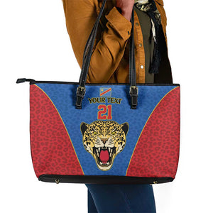 Africa DR Congo Football Custom Leather Tote Bag Blue Leopard Skin Pattern - African Pride