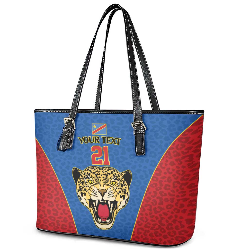 Africa DR Congo Football Custom Leather Tote Bag Blue Leopard Skin Pattern - African Pride