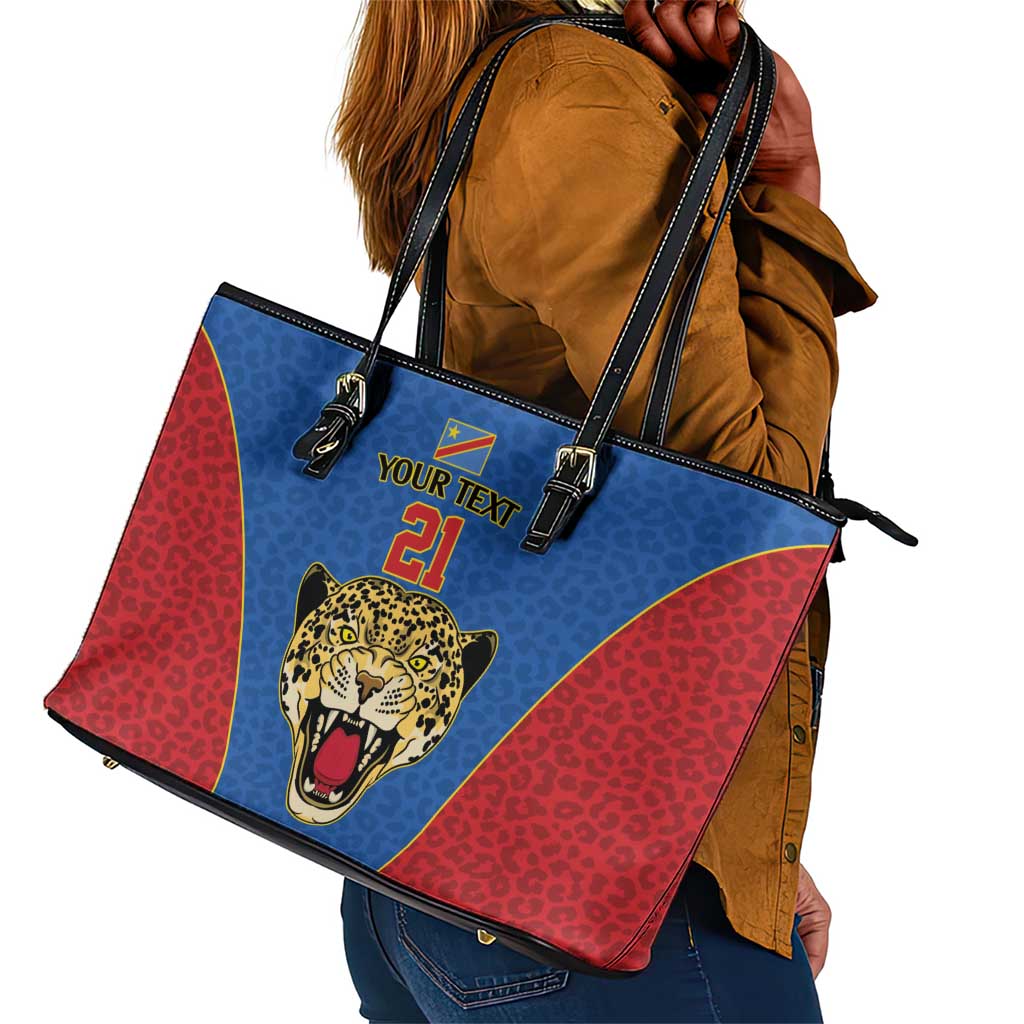 Africa DR Congo Football Custom Leather Tote Bag Blue Leopard Skin Pattern - African Pride